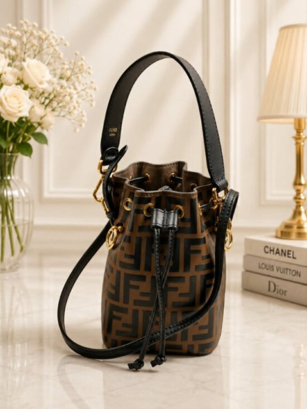 Authentic Fendi Mon Tresor FF Logo Mini Bucket Bag Brown Leather Crossbody